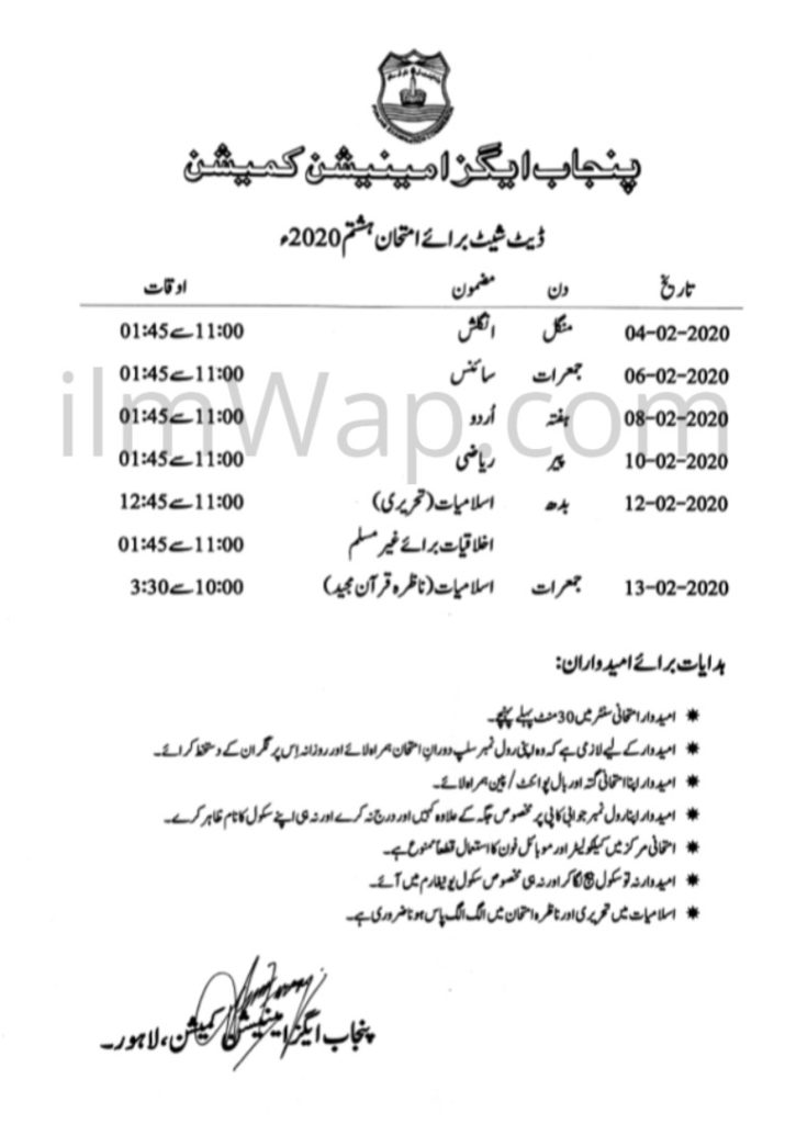 Pec 8th Class Date Sheets 2021 All Punjab Boards 8th Class Date