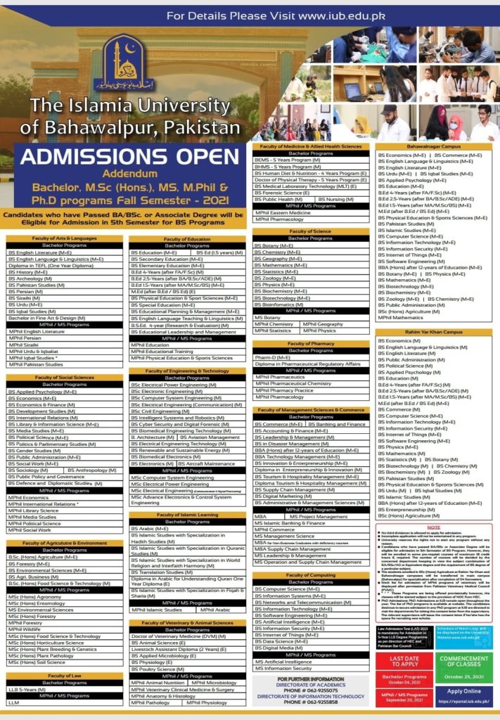 Islamia University Of Bahawalpur Admission Information 2021