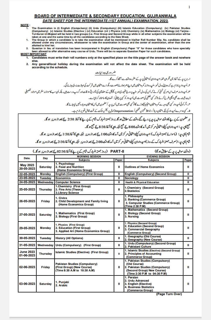 12th Class 2nd Year Date Sheet 2024 Federal Board