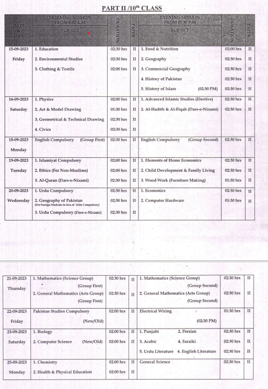 10th Class Supplementary Exam Date Sheet 2023