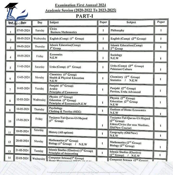 1st Year 11th Class Date Sheet 2024 BISE Lahore Board